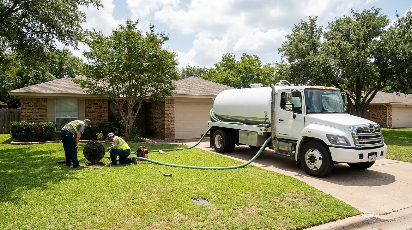 Septic service truck servicing a residential septic tank in Waco, Texas