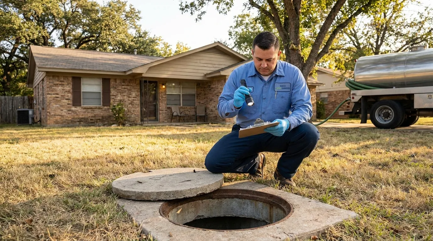 Technician inspecting a septic tank access port in Waco