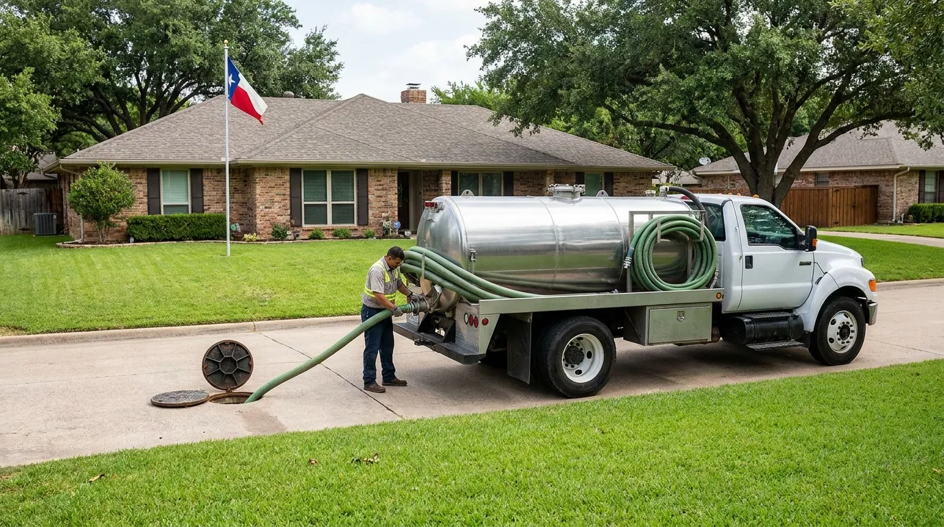 Septic tank pumping service truck at a Waco home